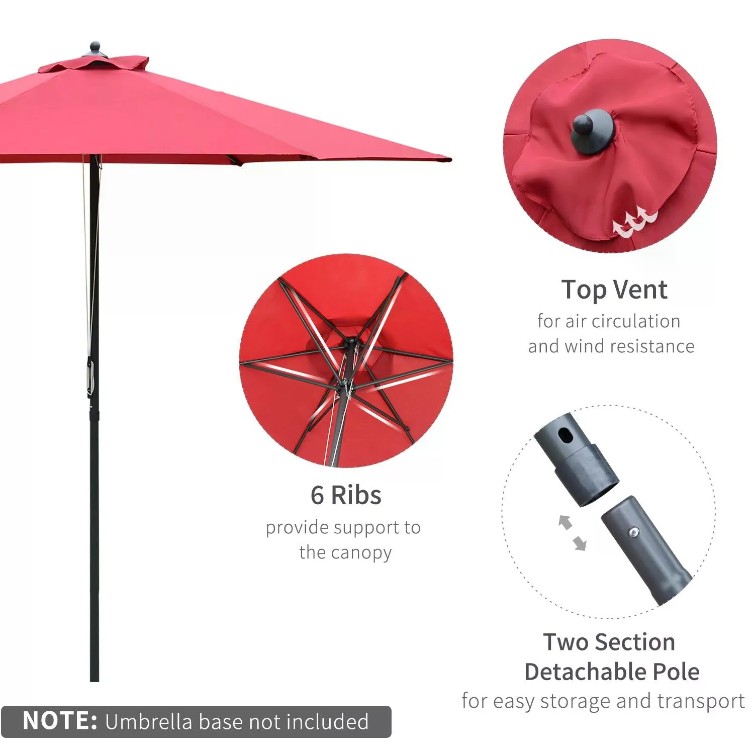 2.8m Patio Parasols Umbrellas Outdoor 6 Ribs Sunshade Canopy Manual Push Garden Backyard Furniture, Wine Red