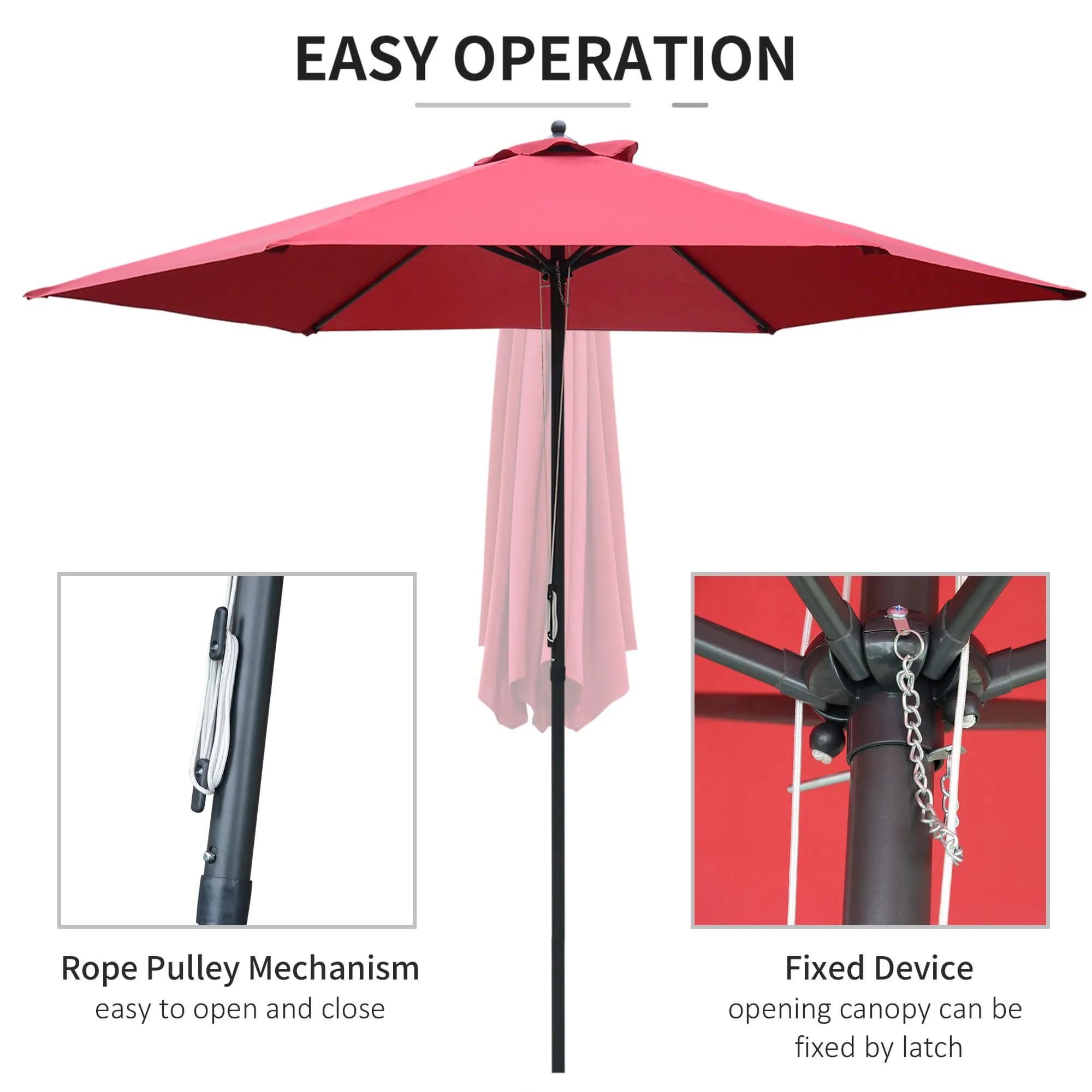 2.8m Patio Parasols Umbrellas Outdoor 6 Ribs Sunshade Canopy Manual Push Garden Backyard Furniture, Wine Red