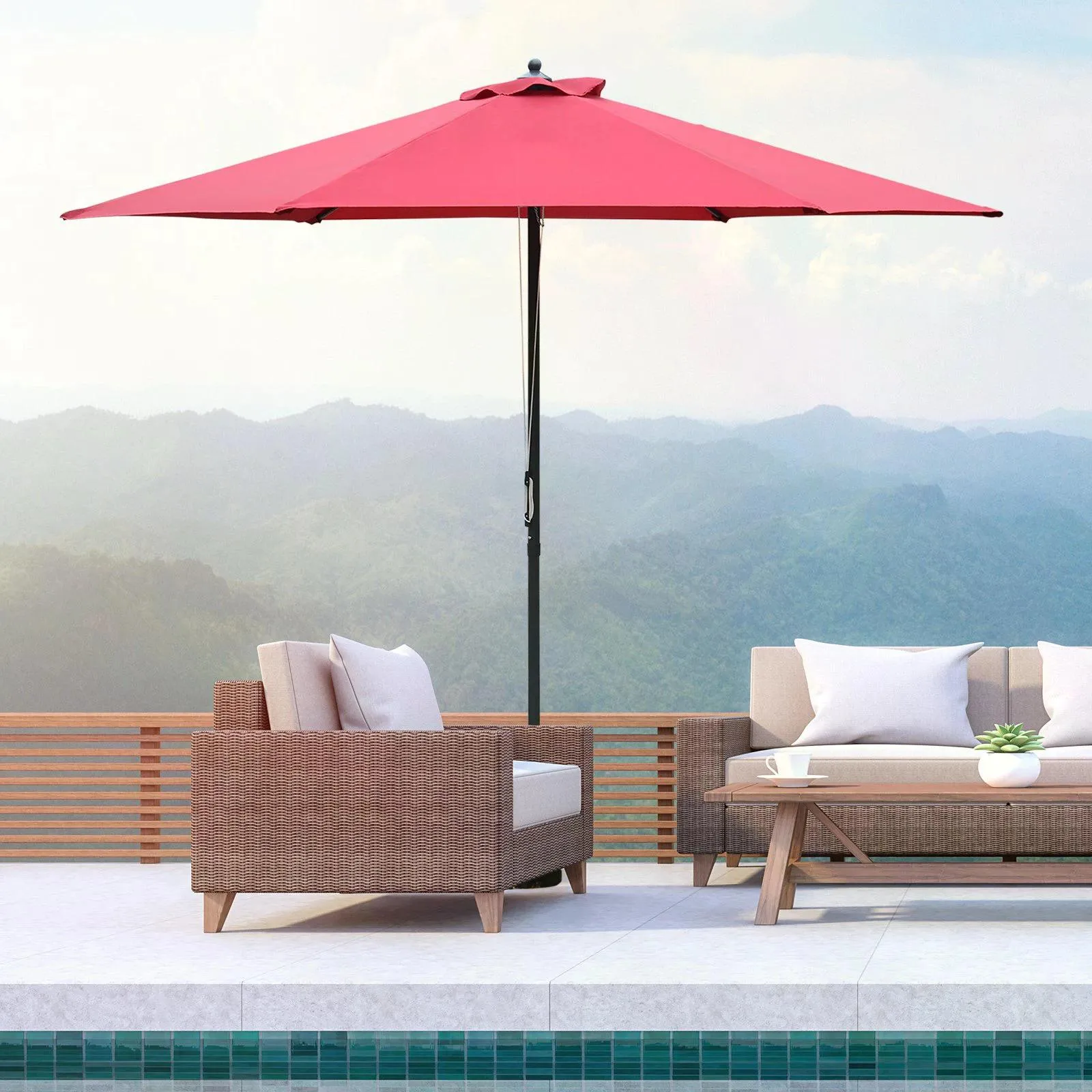 2.8m Patio Parasols Umbrellas Outdoor 6 Ribs Sunshade Canopy Manual Push Garden Backyard Furniture, Wine Red
