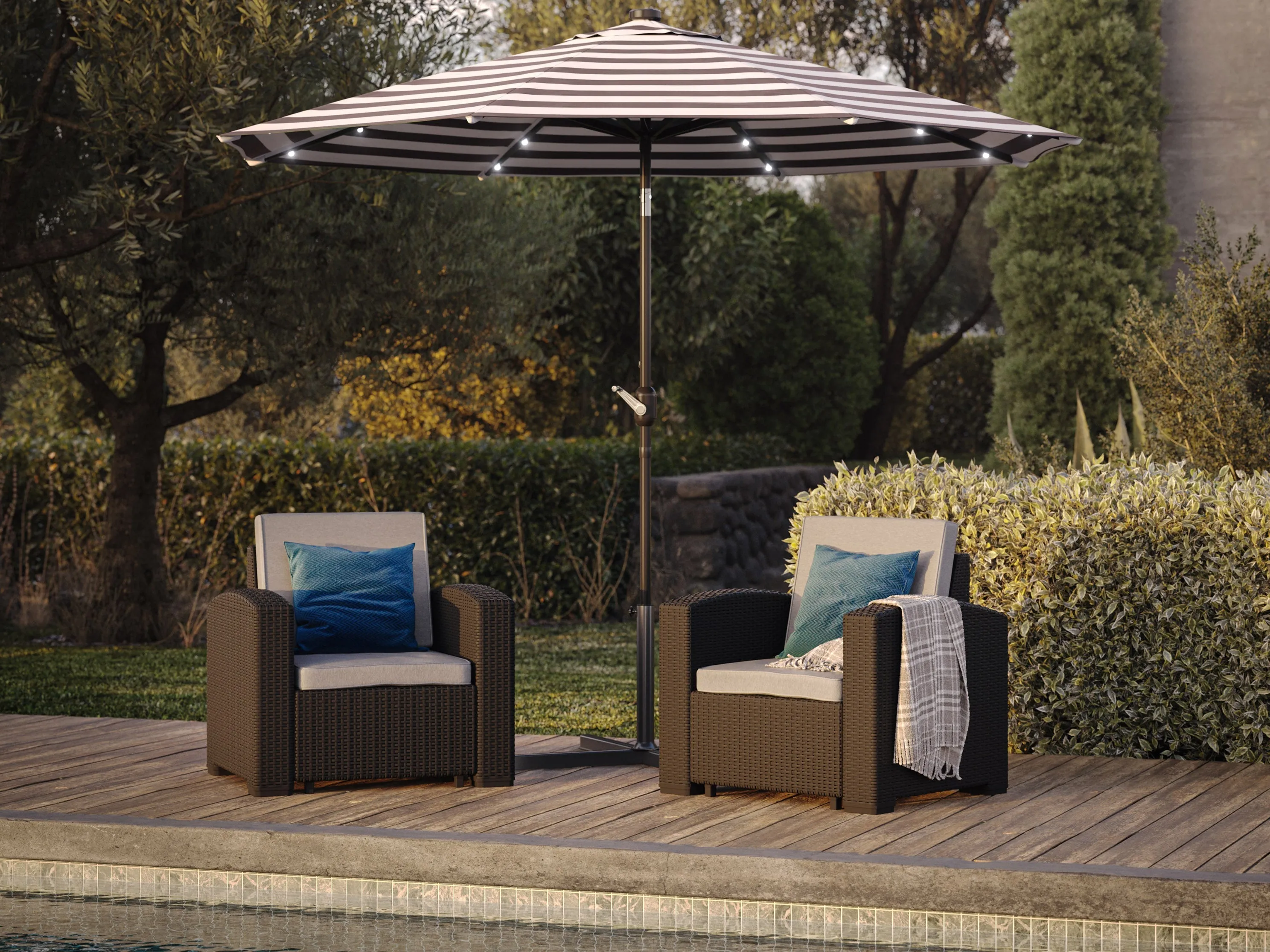 9ft Striped White And Black Patio Umbrella with Lights