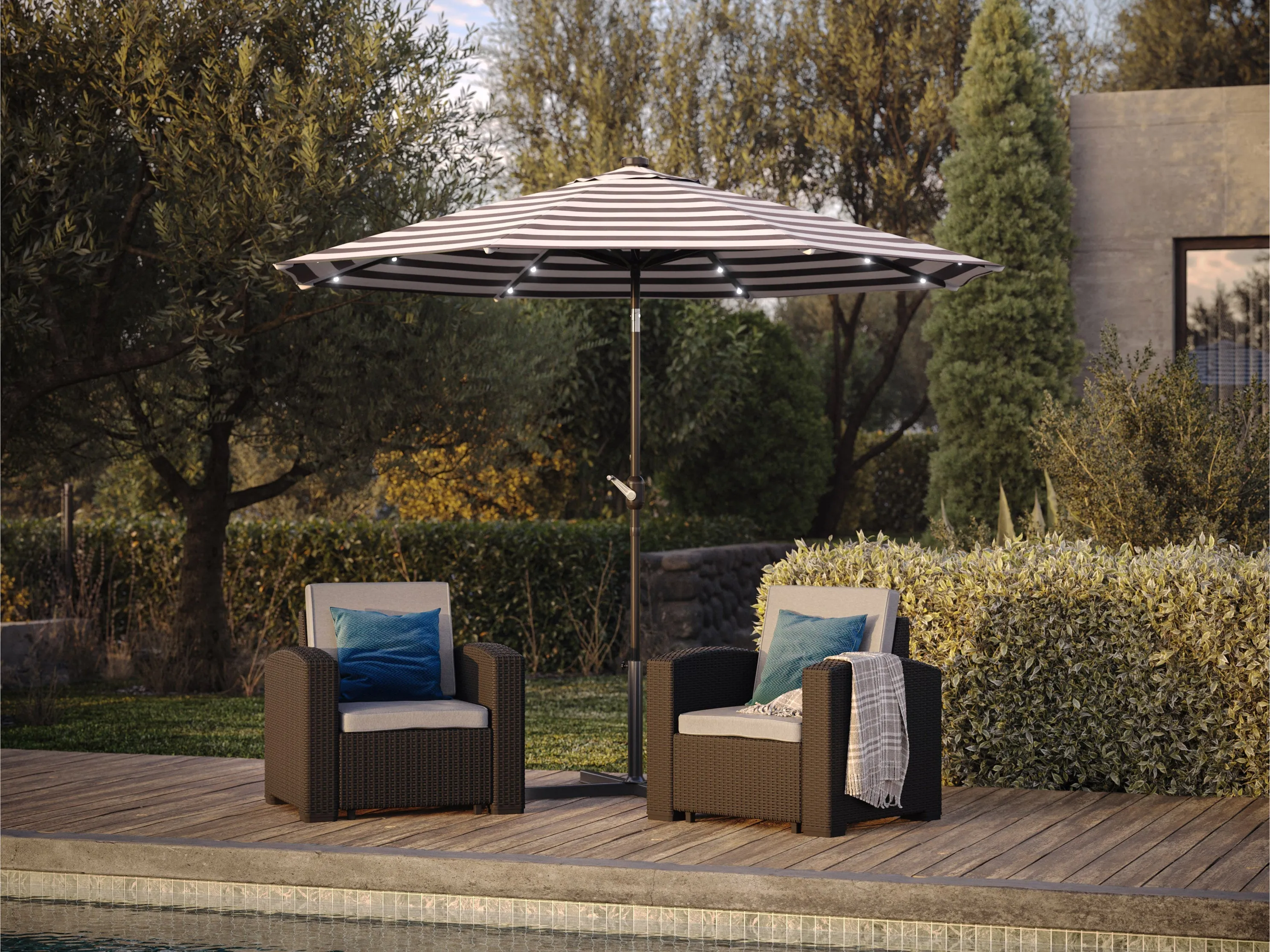 9ft Striped White And Black Patio Umbrella with Lights