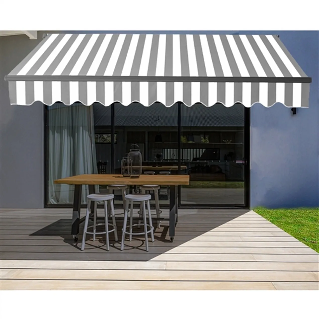 Aleko Motorized Retractable Black Frame Patio Awning 20 x 10 Feet - Gray and White Stripes