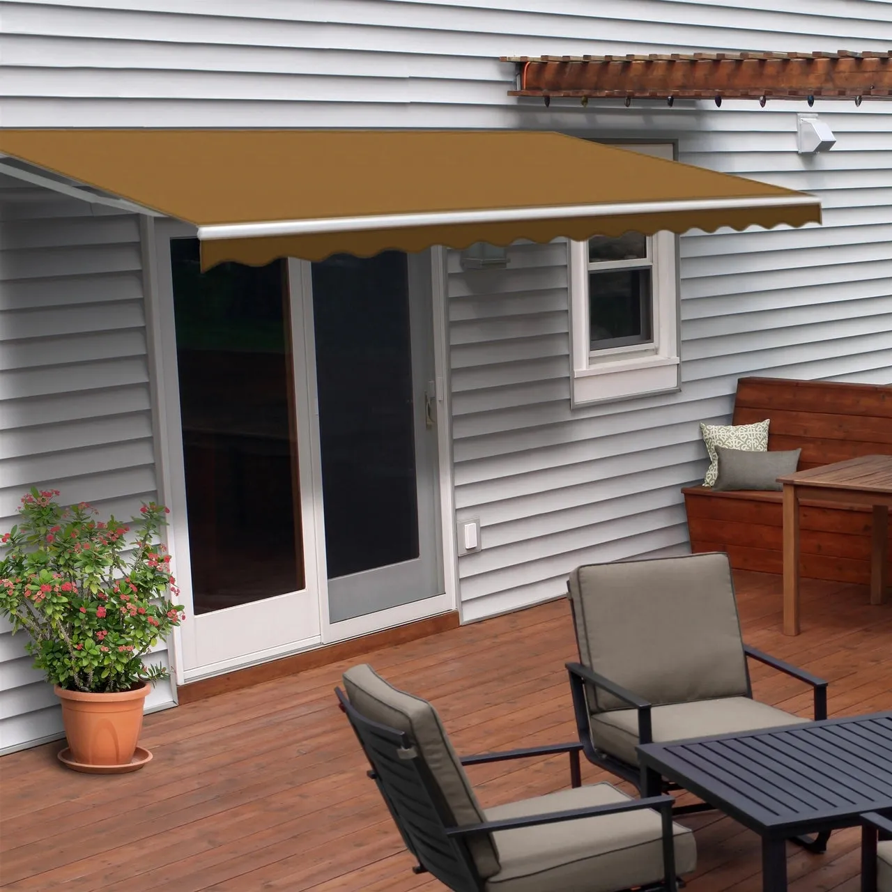 Aleko Motorized Retractable White Frame Patio Awning - 10 x 8 Feet - Sand