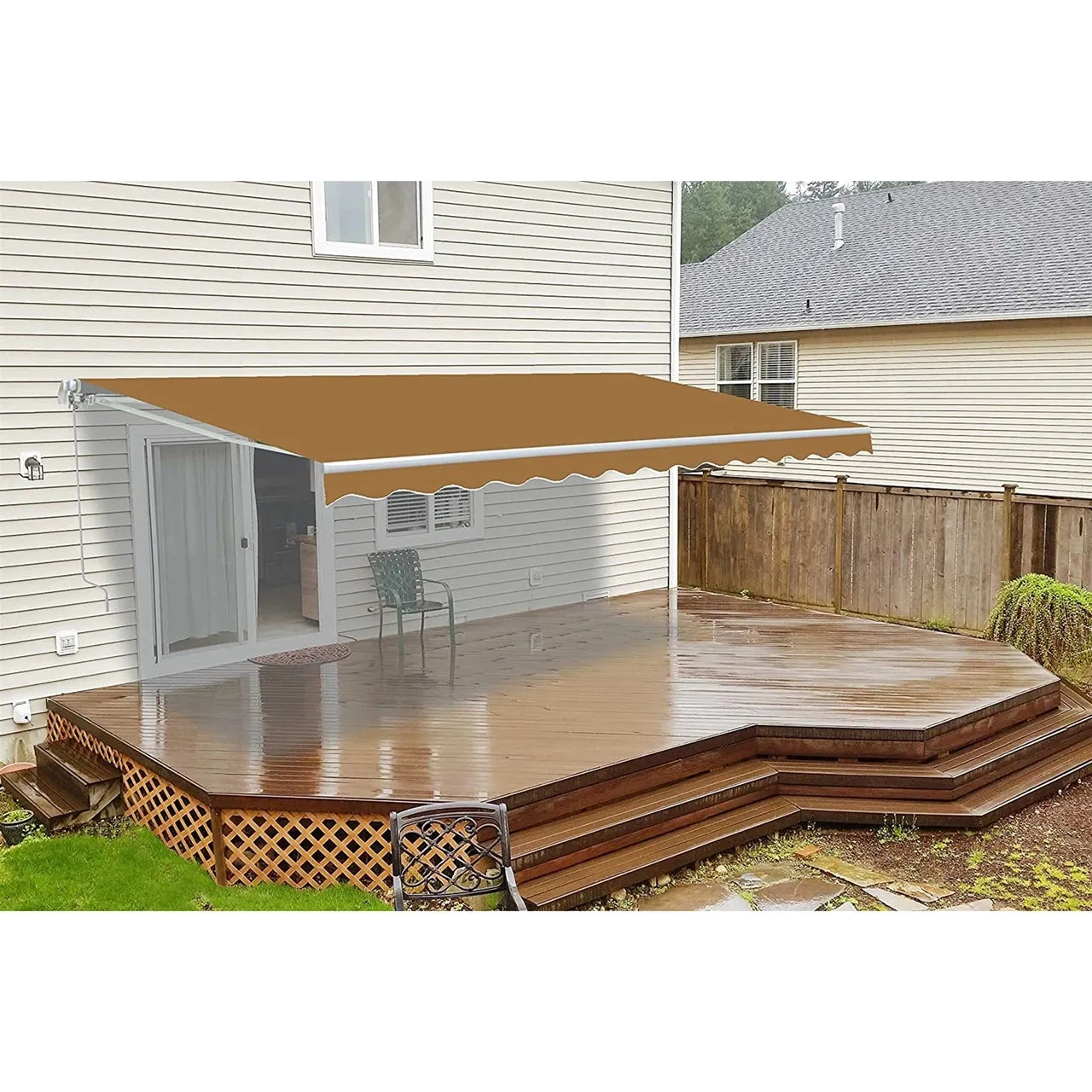 Aleko Motorized Retractable White Frame Patio Awning - 10 x 8 Feet - Sand