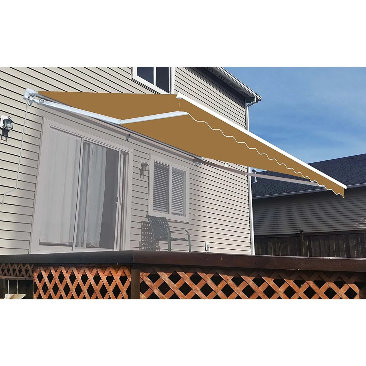 Aleko Motorized Retractable White Frame Patio Awning - 10 x 8 Feet - Sand