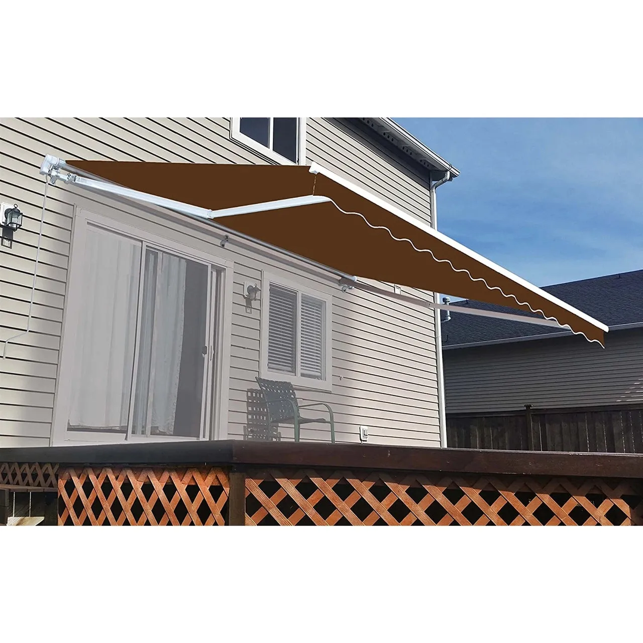 Aleko Motorized Retractable White Frame Patio Awning 12 x 10 Feet - Brown