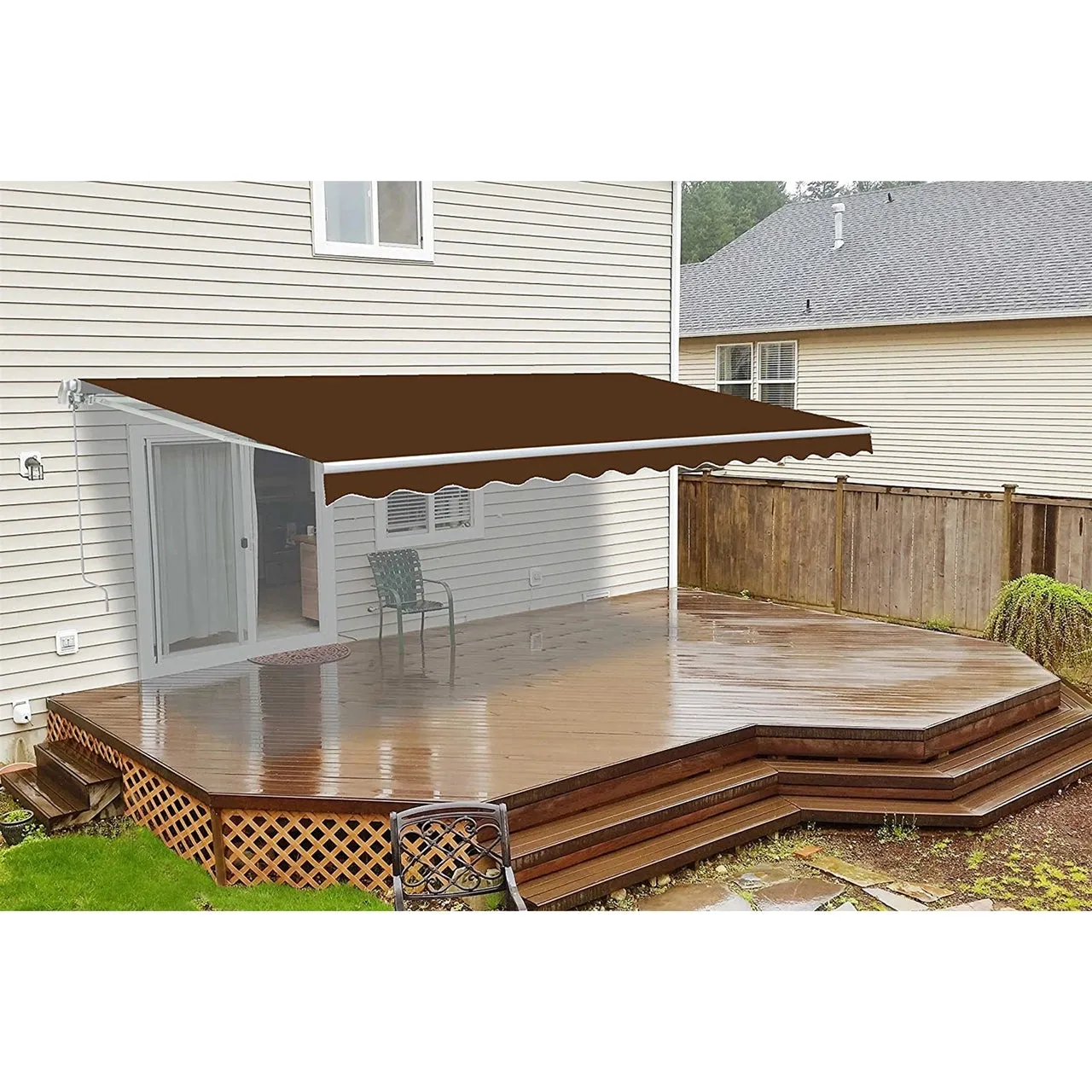 Aleko Motorized Retractable White Frame Patio Awning 12 x 10 Feet - Brown