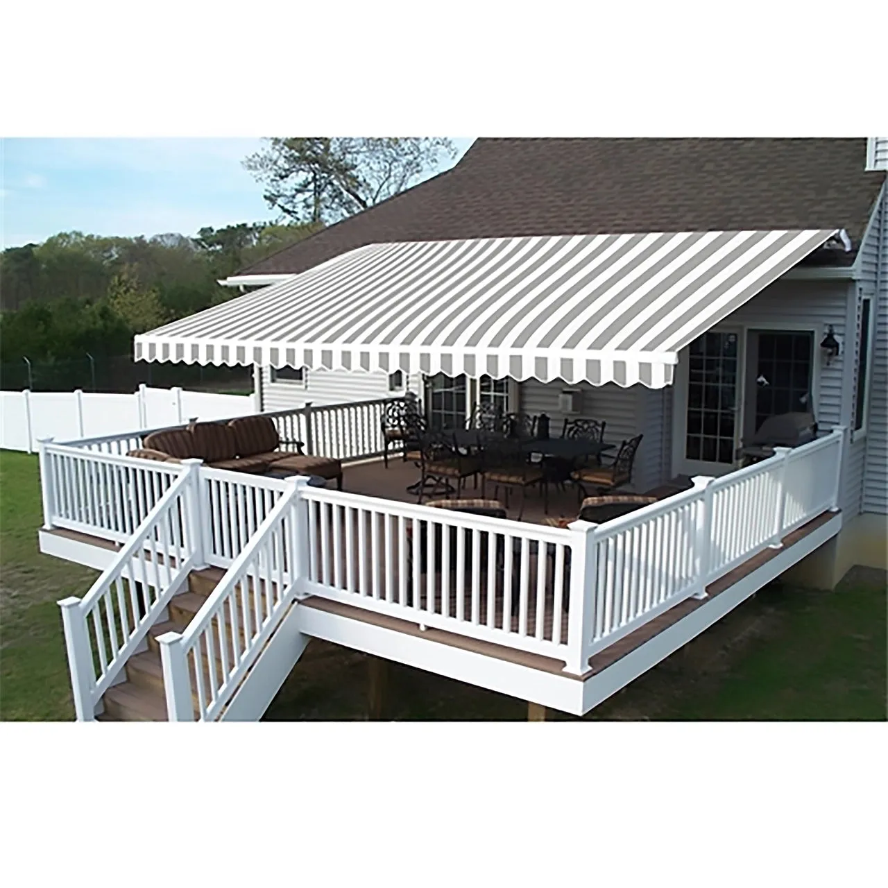 Aleko Motorized Retractable White Frame Patio Awning 12 x 10 Feet - Gray and White Striped