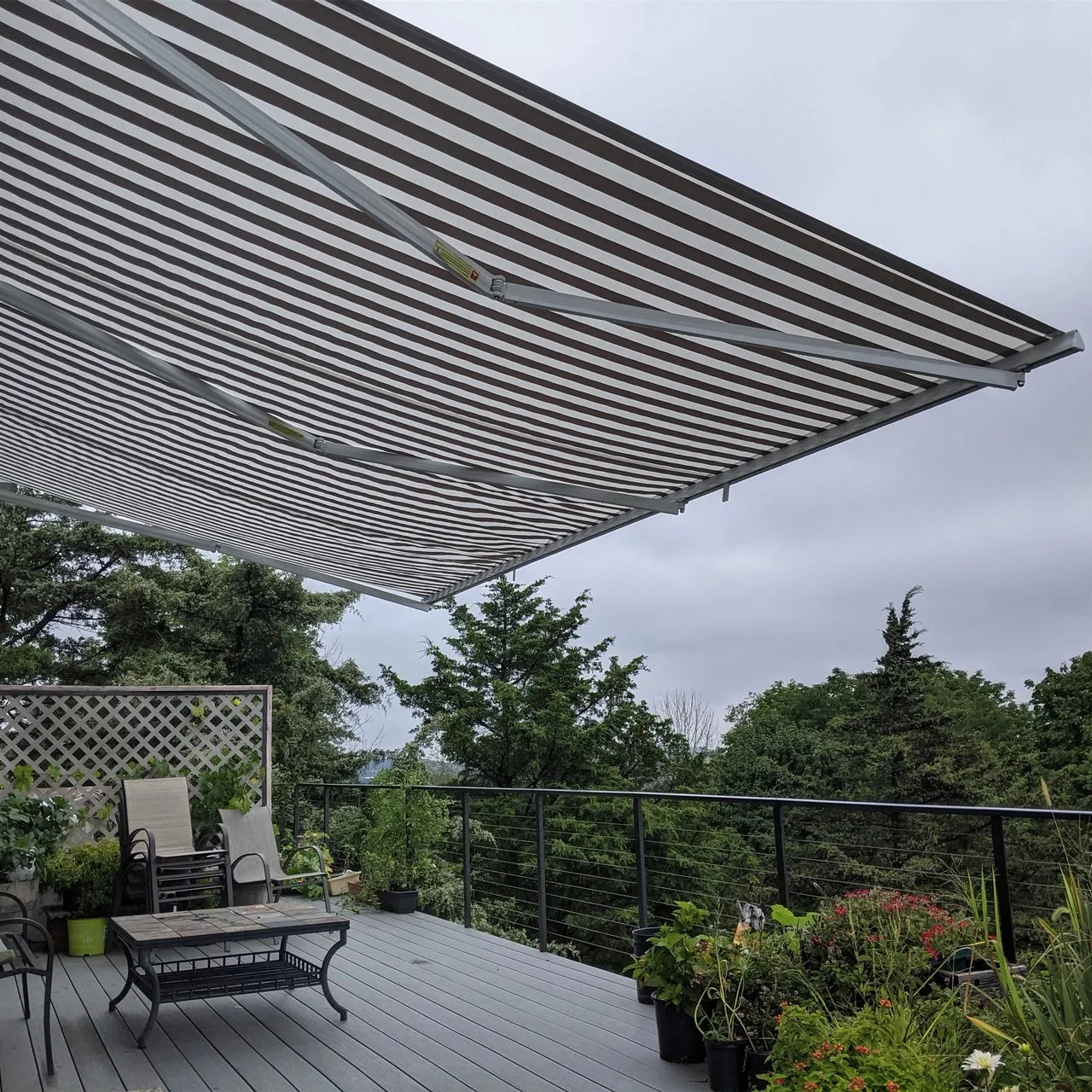 Aleko Motorized Retractable White Frame Patio Awning 12 x 10 Feet - Gray and White Striped