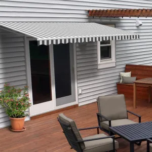 Aleko Motorized Retractable White Frame Patio Awning 12 x 10 Feet - Gray and White Striped