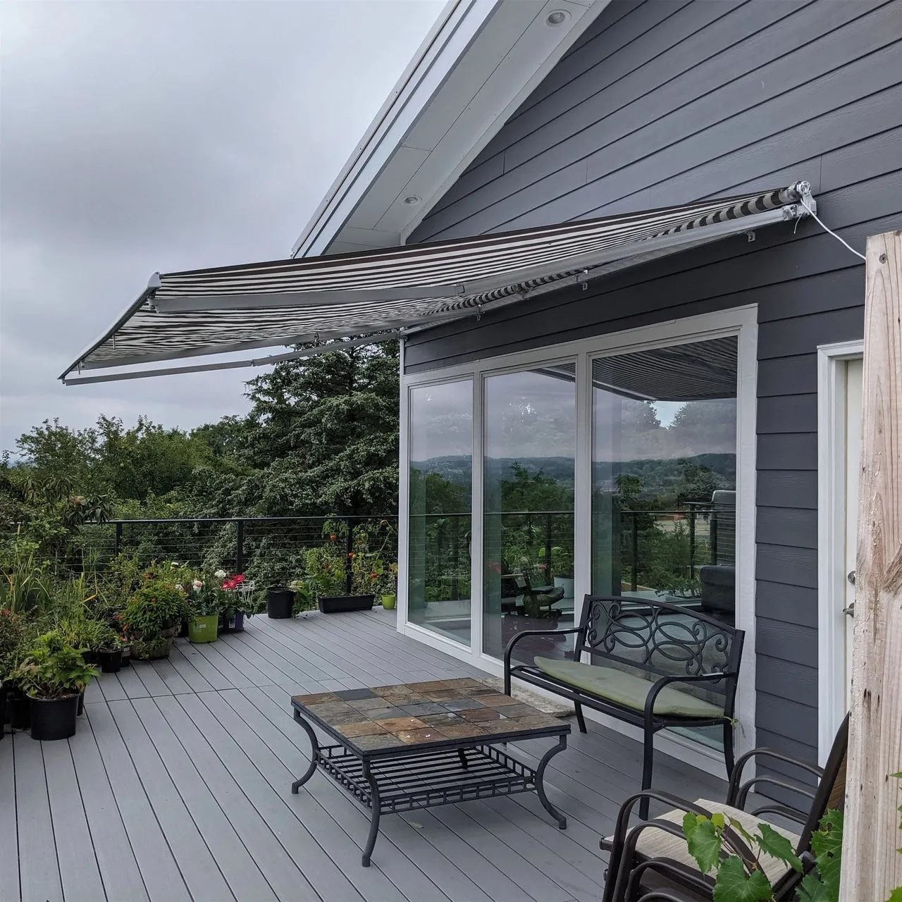 Aleko Motorized Retractable White Frame Patio Awning 12 x 10 Feet - Gray and White Striped