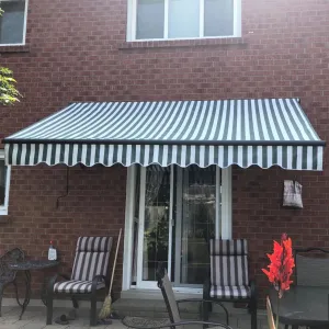 Aleko Retractable Black Frame Patio Awning 13 x 10 Feet - Gray and White Stripes