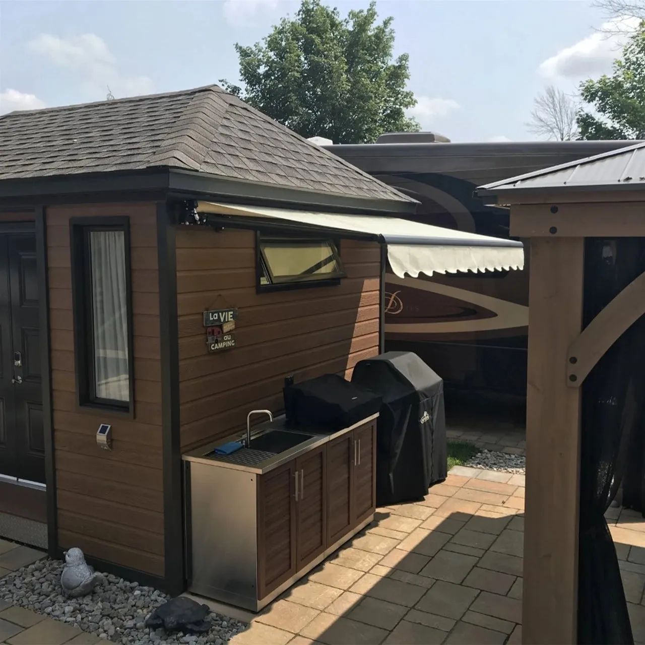 Aleko Retractable Black Frame Patio Awning 13 x 10 Feet - Ivory