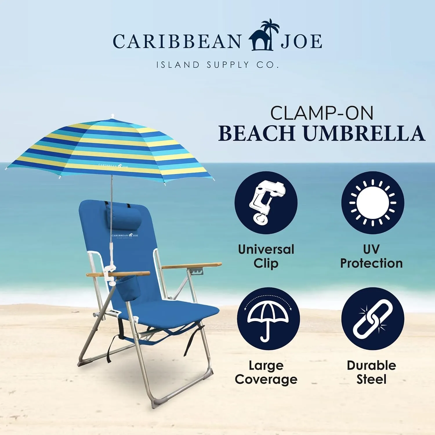 Caribbean Joe Beach Umbrella for Chair, Adjustable and Universal Clamp on Beach Umbrella with UV Protection, 48 Inch Arc