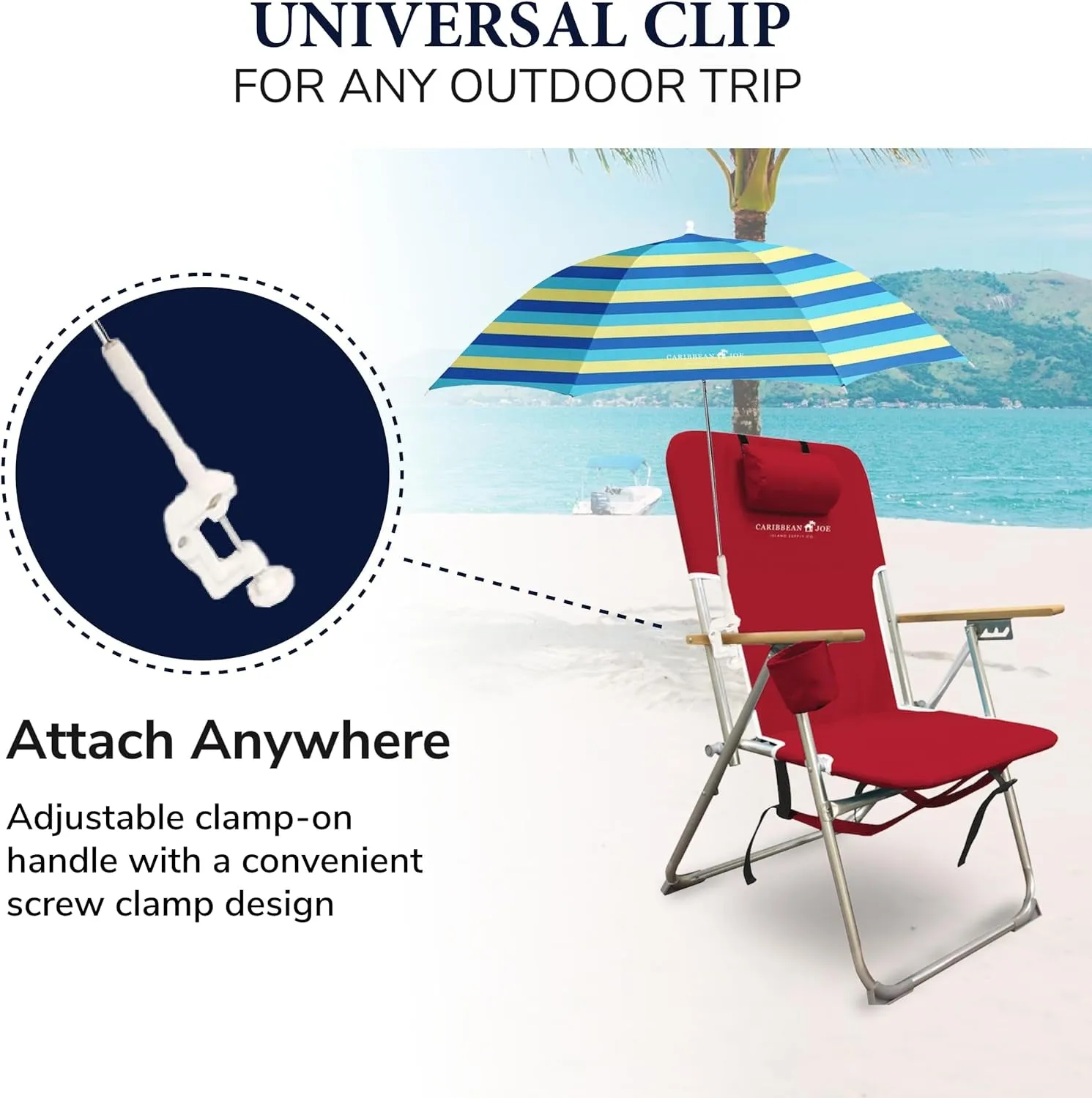 Caribbean Joe Beach Umbrella for Chair, Adjustable and Universal Clamp on Beach Umbrella with UV Protection, 48 Inch Arc