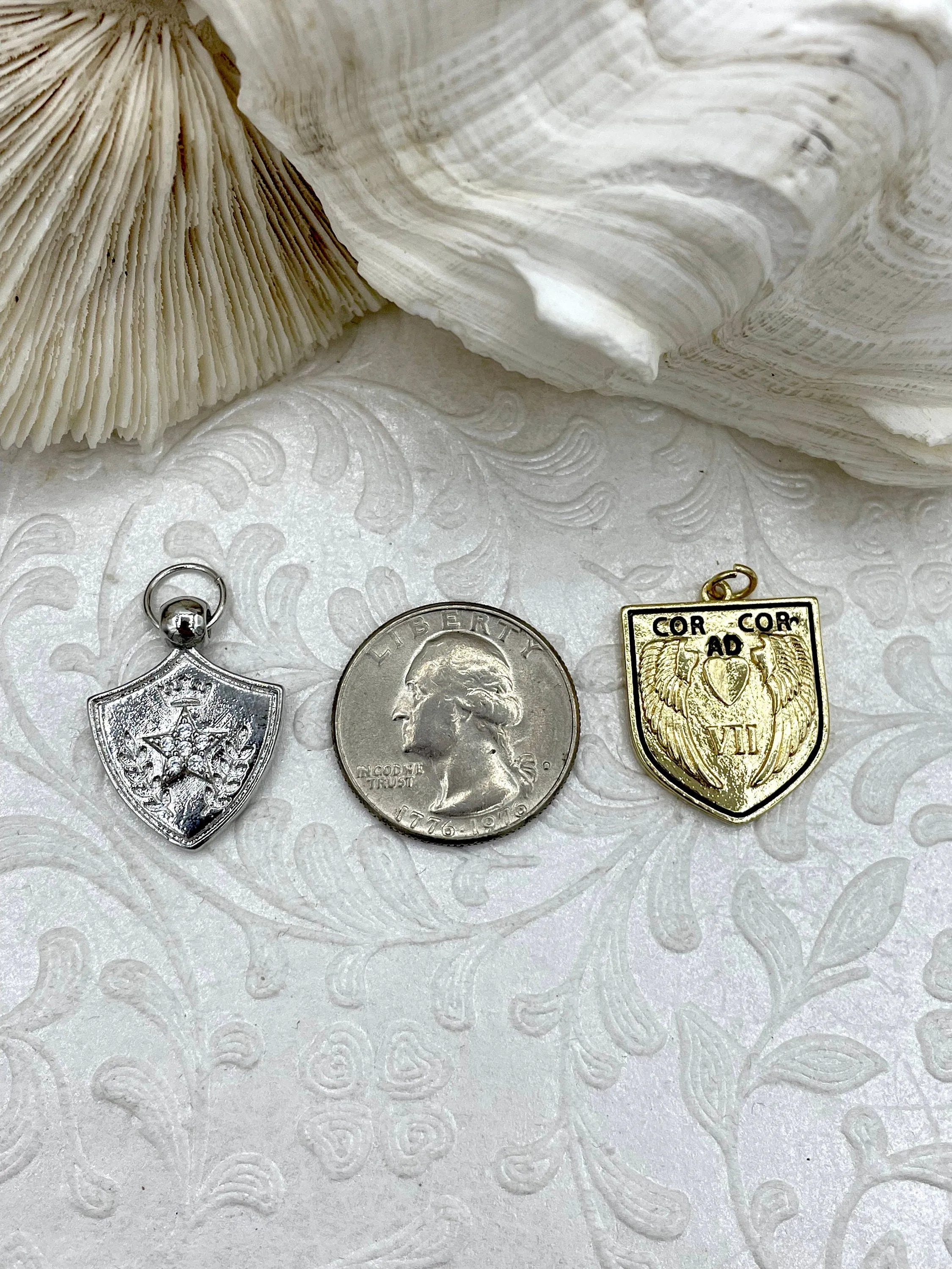 CZ Micro PAVE Shield Crest Charm Pendants BRASS, Crest Charm, 3 styles, Crest Pendant, 3 styles, Gold shield, Silver Shield, Fast Ship