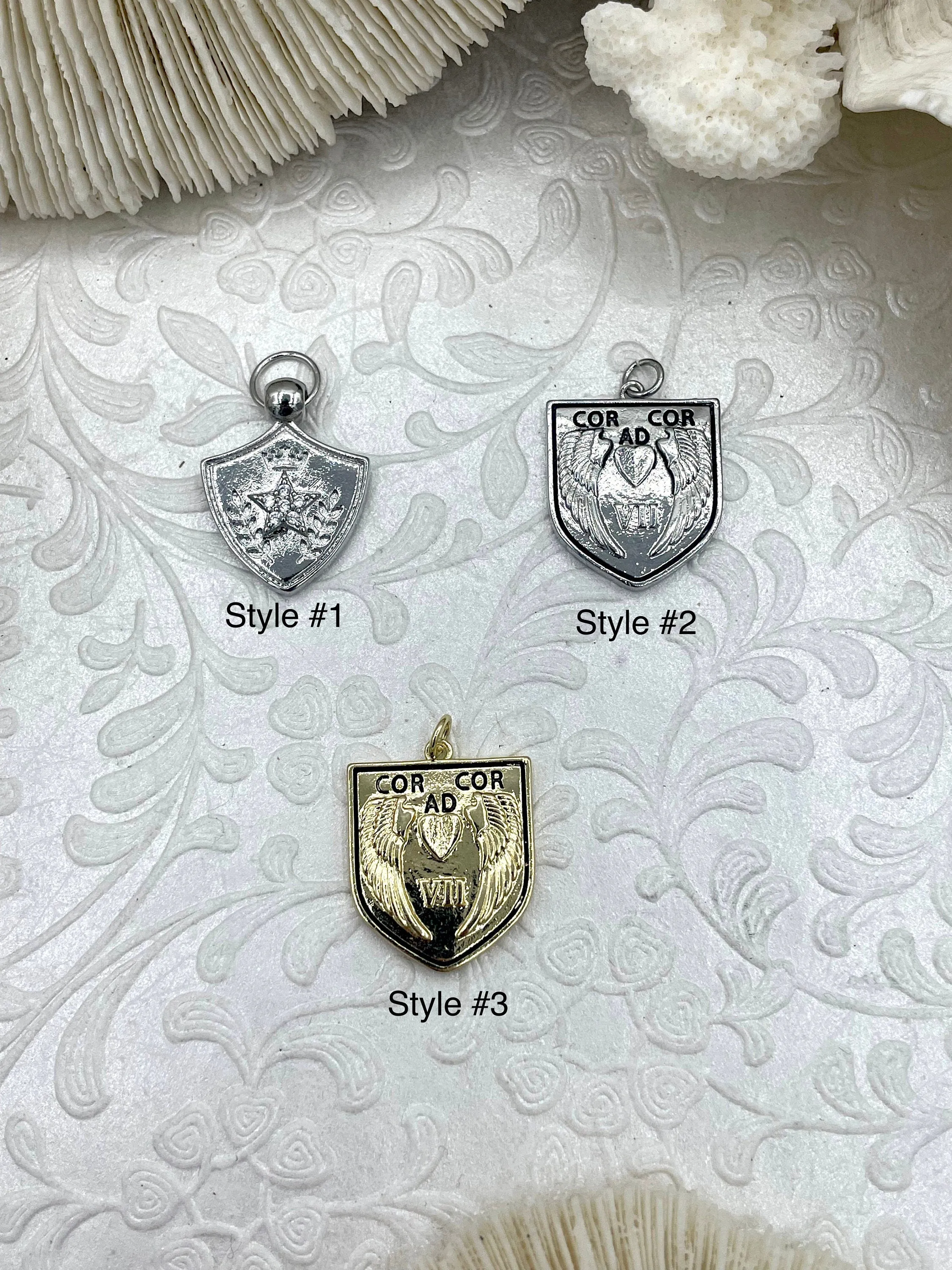 CZ Micro PAVE Shield Crest Charm Pendants BRASS, Crest Charm, 3 styles, Crest Pendant, 3 styles, Gold shield, Silver Shield, Fast Ship