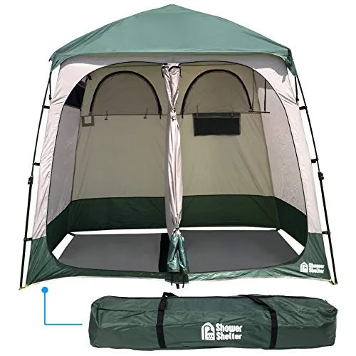 EasyGo Product Shower Shelter – Giant Portable Outdoor Pop UP Camping Shower Tent Enclosure – Changing Room – 2 Rooms – Instant Tent – 7.5' Tall x 4' Deep x 7.5' Wide, Green