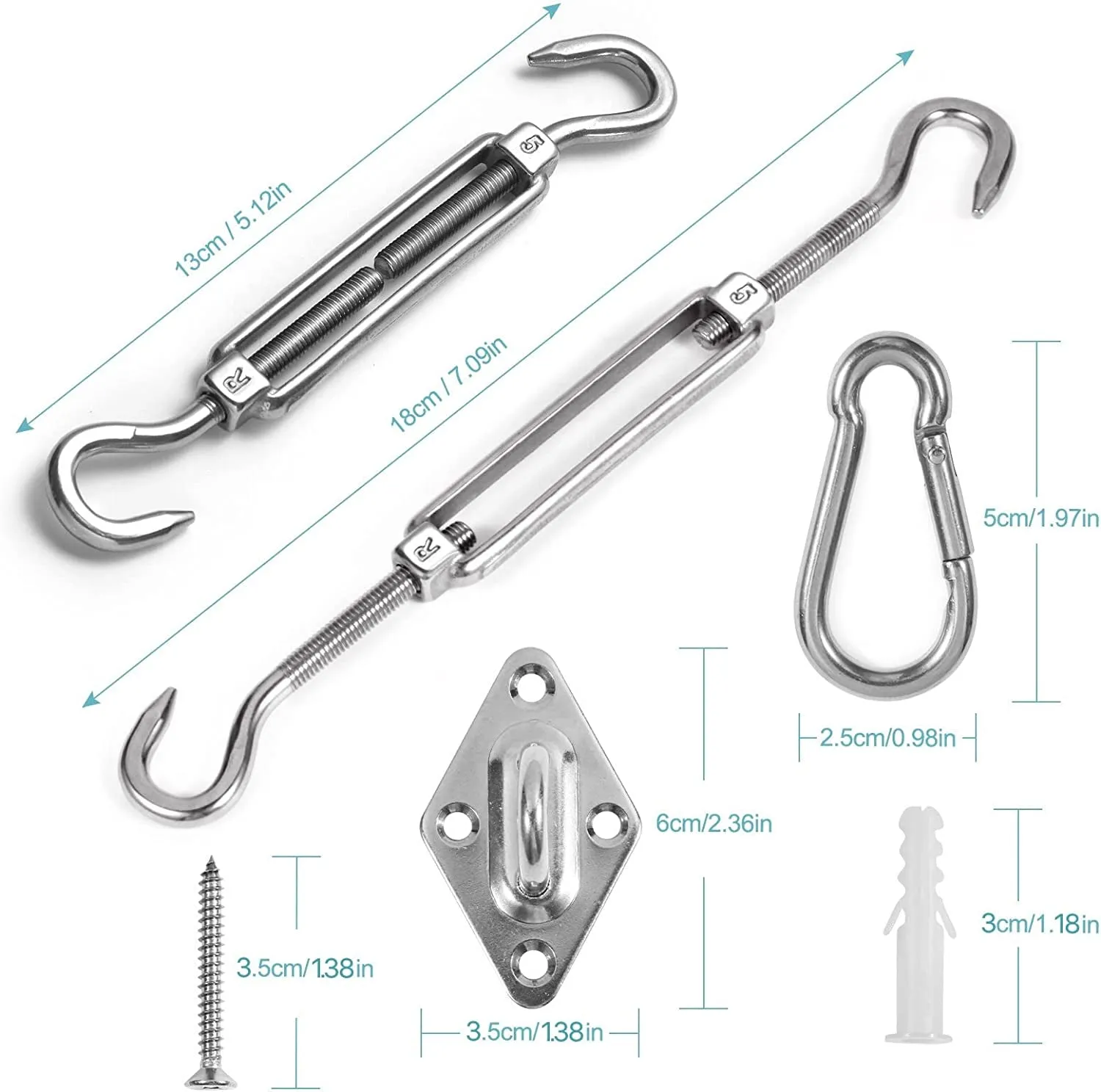 HOMPER Awning Attachment Set, Heavy Duty Sun Shade Sail Stainless Steel Hardware Kit for Garden Triangle and Square, Rectangle, Sun Shade Sail Fixing Accessories