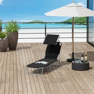 Reclining Chair Sun Lounger Folding Lounger Seat with Sun Shade Awning Beach Garden Outdoor Patio Recliner Adjustable Black