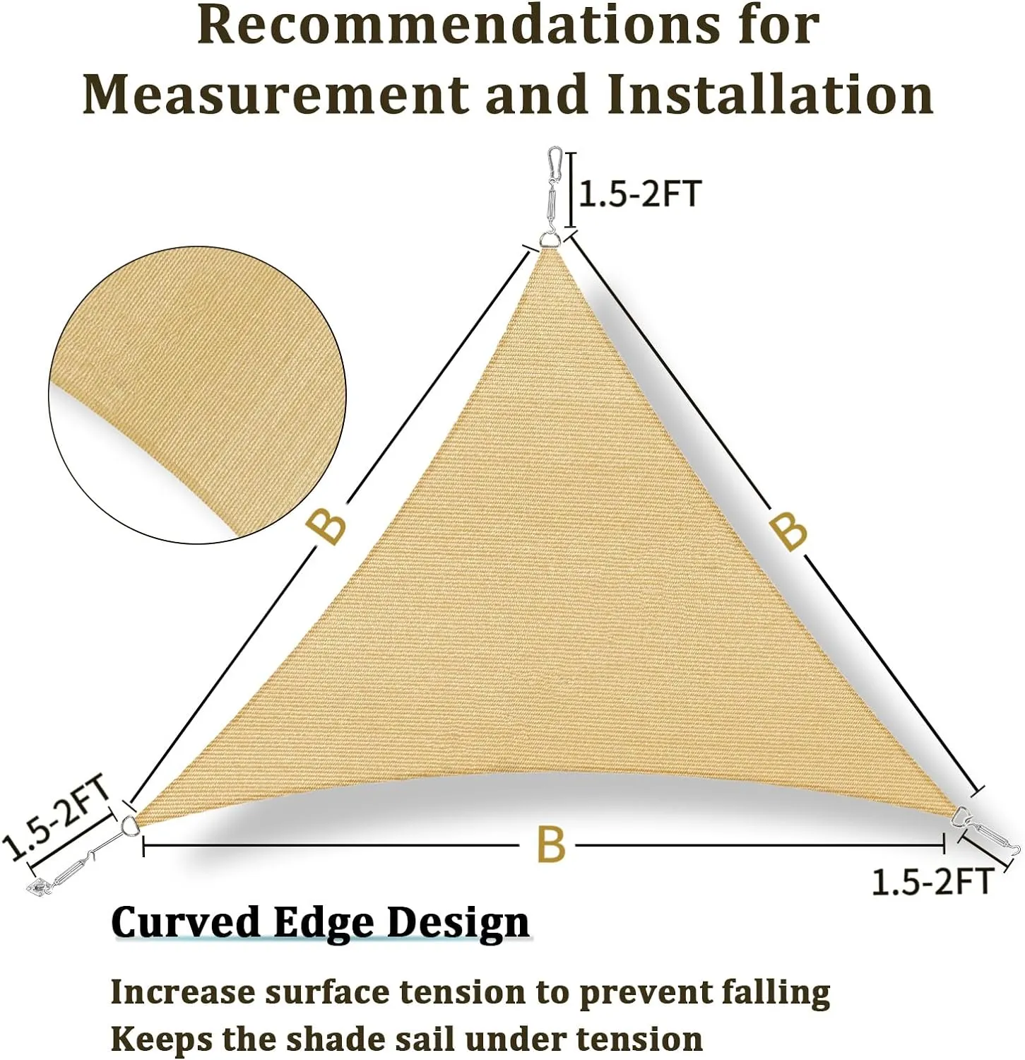 Triangle Sun Shade Sail 16'x16'x16' Canopy Sand for Patio Garden Yard Deck