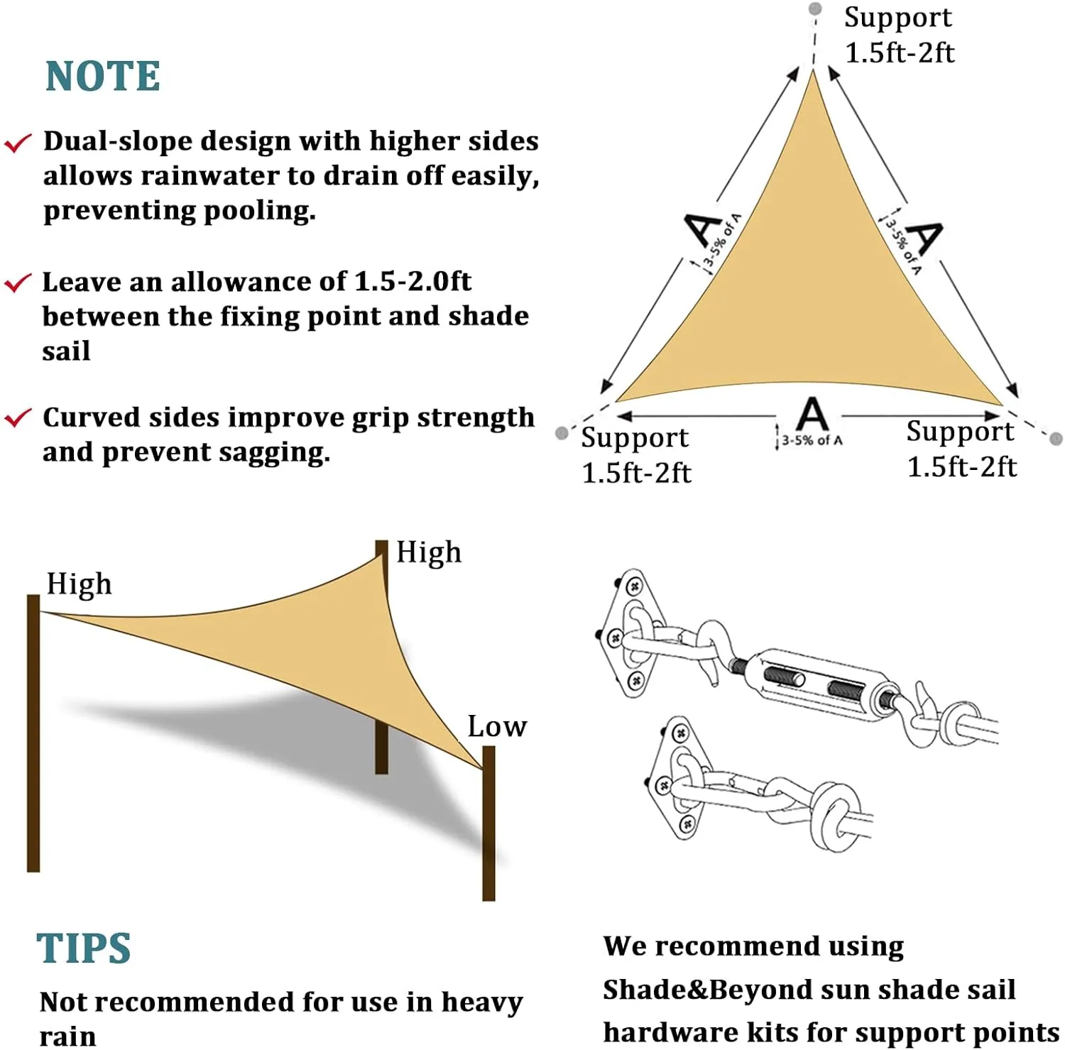 Triangle Sun Shade Sail 16'x16'x16' Canopy Sand for Patio Garden Yard Deck